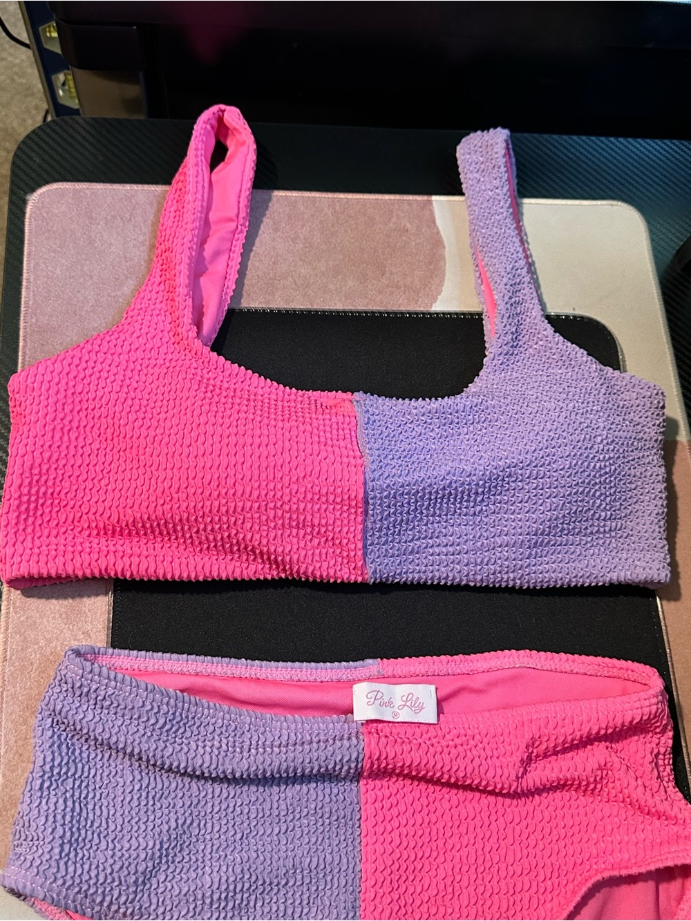Pink Lily Pink Lavender Crinkle Colorblock Bikini Set - Picture 3 of 5